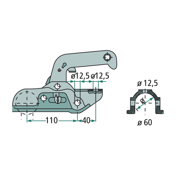Maßzeichnung Winterhoff Zugkugelkupplung WW 30-D6 BASIC mit Deichselanschluss Ø 60 mm