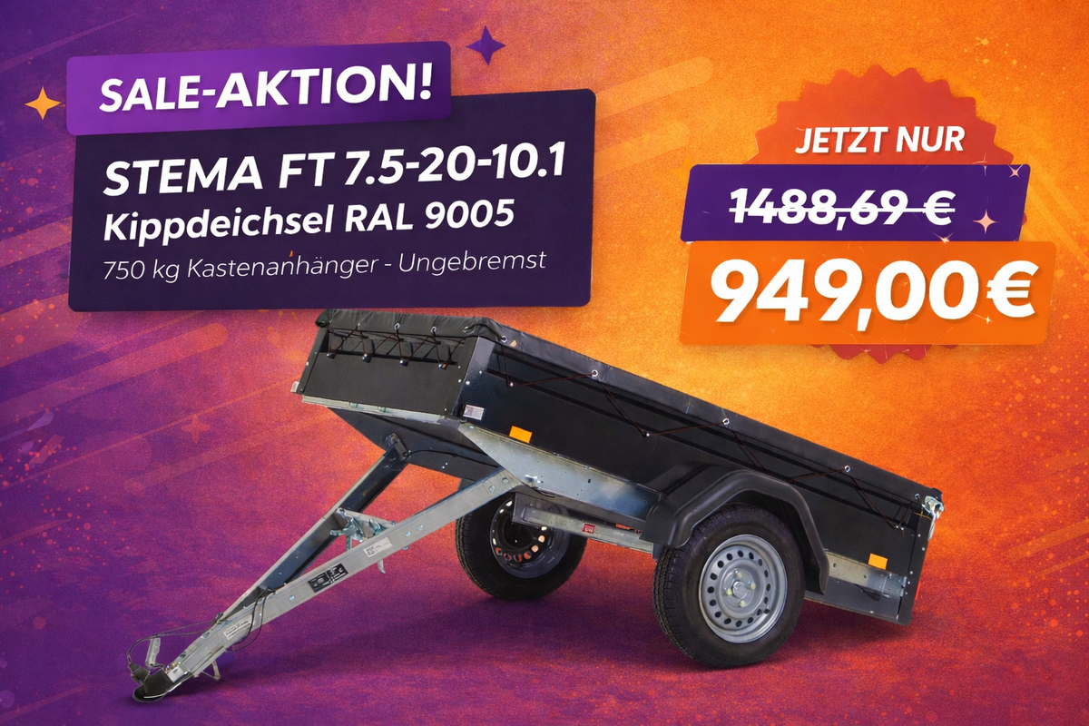 Kastenanhänger 750 kg Tieflader mit Kippdeichsel in RAL 9005 von STEMA - Nutzmaß (L × B): 201 × 108 cm