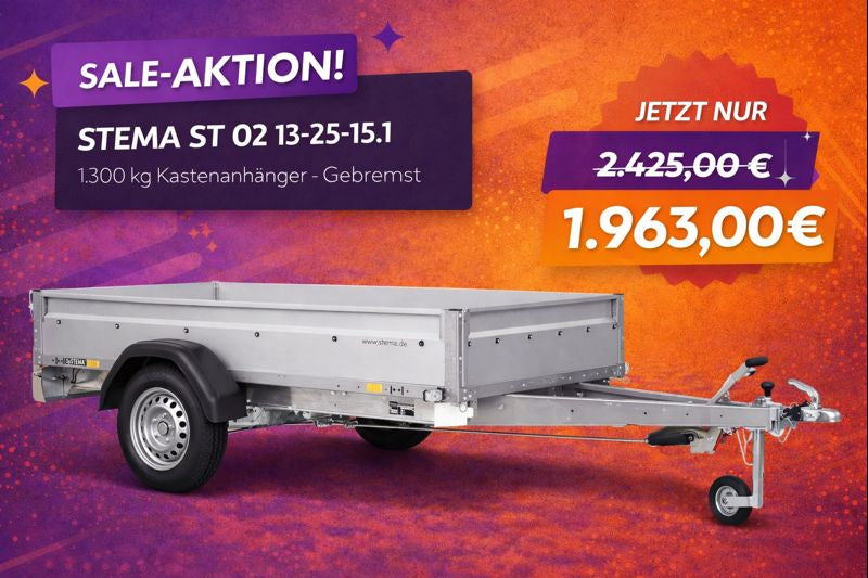 STEMA Kastenanhänger 1.300 kg Stahl – gebremst – Nutzmaß 251 × 153 cm