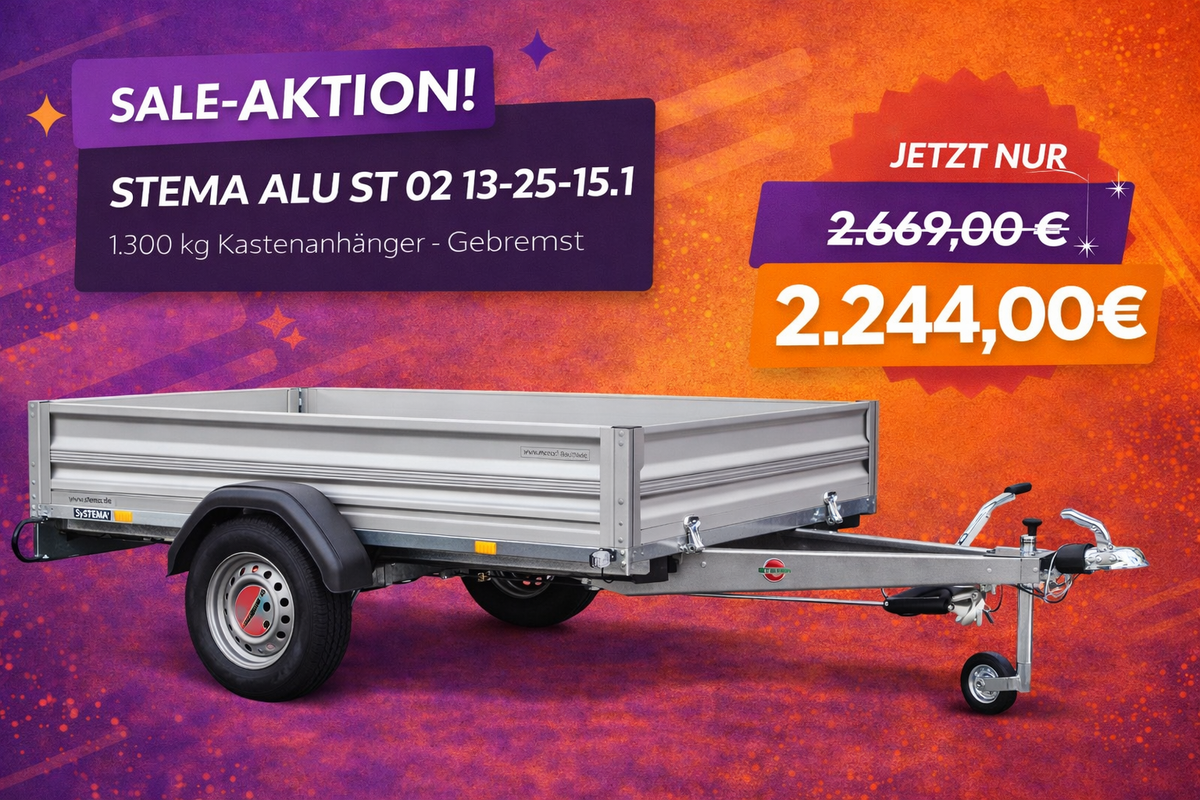 STEMA Kastenanhänger 1.300 kg Alu – gebremst – Nutzmaß 251 × 153 cm