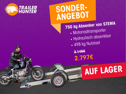 Motorradanhänger absenkbar 750 kg von STEMA - Nutzmaß (L × B ): 251 × 128
