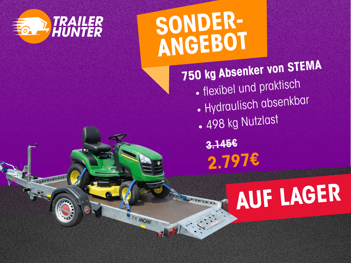 Plattformanhänger absenkbar 750 kg von STEMA - Nutzmaß (L × B ): 251 × 128