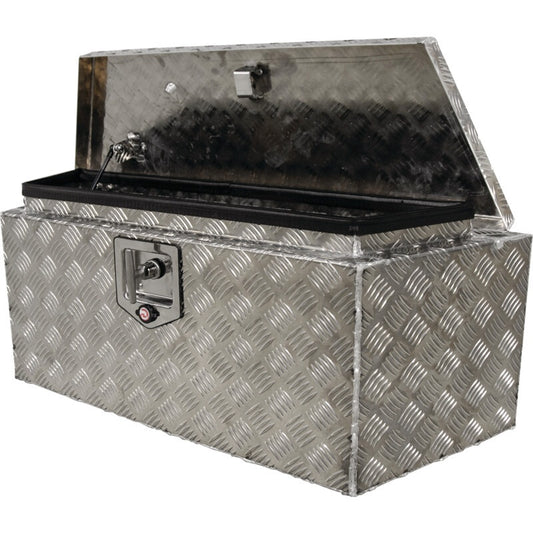 Staubox aus Aluminium-Warzenblech mit aufgestelltem Deckel und Gasfedern